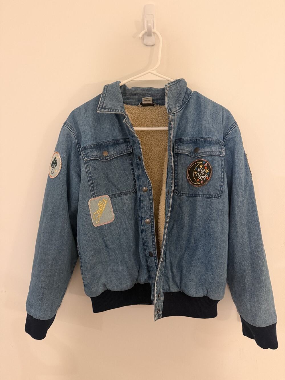 Stella McCartney Kids Denim Sherpa Jacket Blue Embroidered Patch Coat